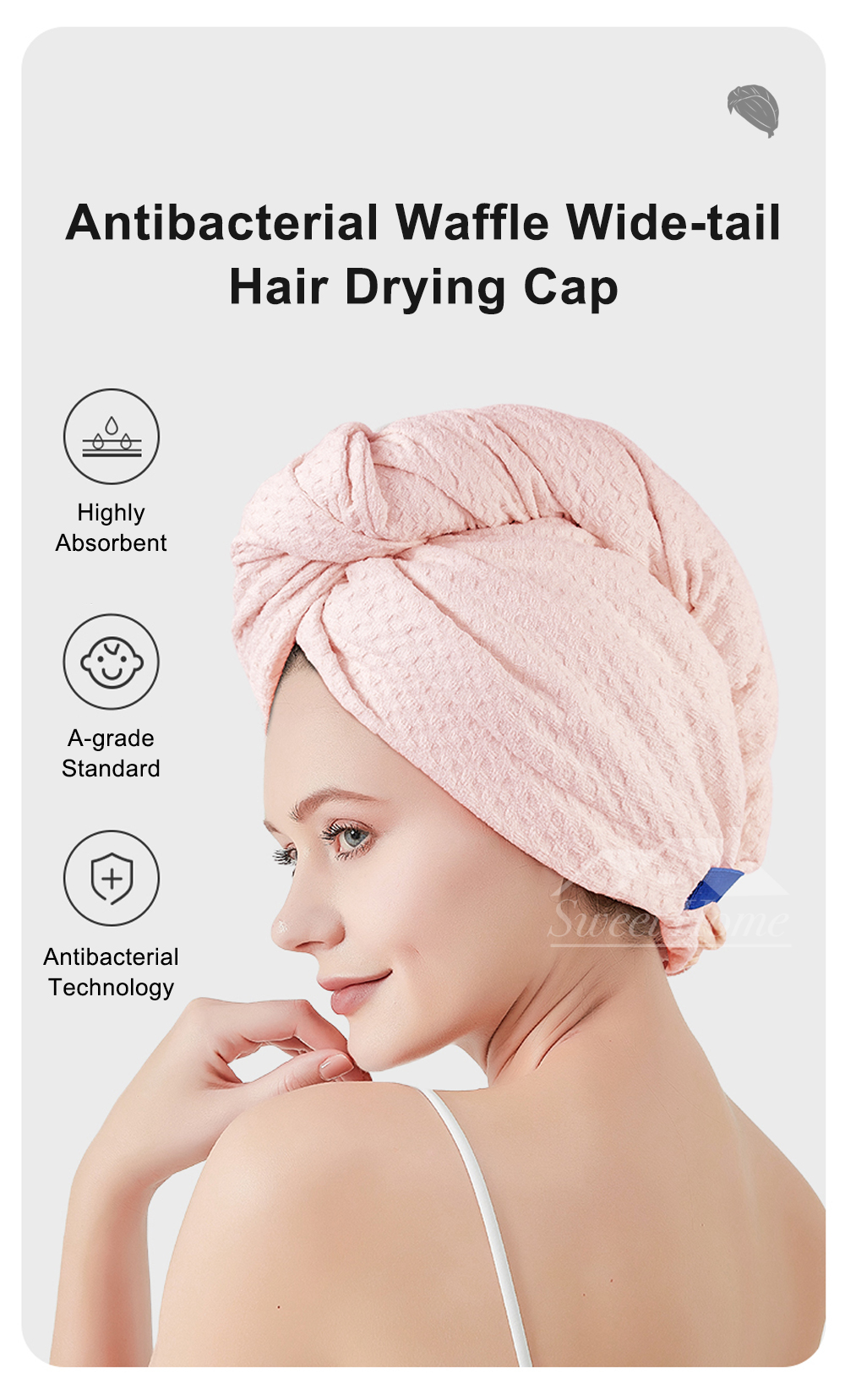 Antibacterial Waffle Wide-tail Hair Drying Cap-1